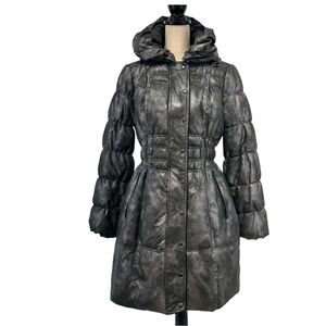 Paz Torras Metallic Silver Long Puffer Coat Women’s Size 42 (M/L) Hooded